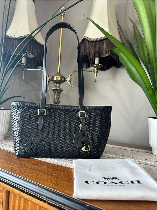 Coach Handbags - Coach Woven Swing Tote - Black/Gold - Leather